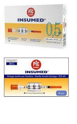SIRINGA PER INSULINA PIC INSUMED 0,5 ML 100 UI AGO GAUGE 30 LUNGHEZZA 8 MM SENZA SPAZIO MORTO 3 SACCHETTI DA 10 PEZZI - Angeli Pharm