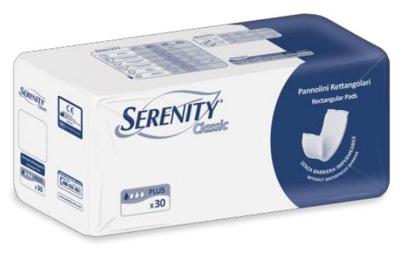 PANNOLONE PER INCONTINENZA RETTANGOLARE SENZA BARRIERA IMPERMEABILE SERENITY CLASSIC 30 PEZZI - Angeli Pharm