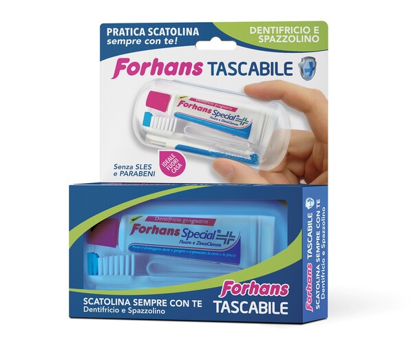 FORHANS TRAVEL KIT TASCABILE COMPOSTO DA SPAZZOLINO DA VIAGGIO + FORHANS SPECIAL PASTA DENTIFRICIA TUBETTO 12,5 ML - Angeli Pharm
