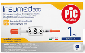 SIRINGA INSULINA PIC INSUMED 1 ML 100 UI AGO GAUGE 30 12,7 MM SENZA SPAZIO MORTO 30 PEZZI - Angeli Pharm