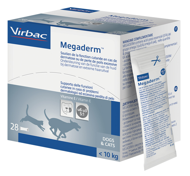 MEGADERM SUPPLEMENTO GATTI E CANI INFERIORI A 10 KG SCATOLA DA 32 SACCHETTI MONODOSE 4 ML - Angeli Pharm