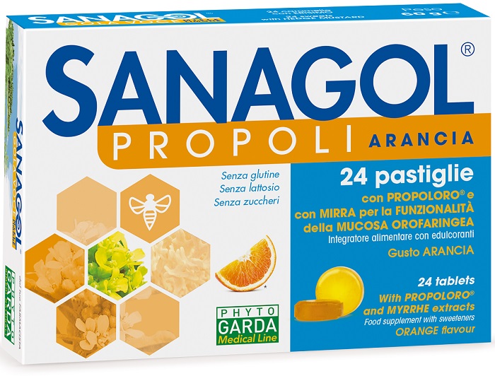 SANAGOL PROPOLI SENZA ZUCCHERO ARANCIA 24 CARAMELLE - Angeli Pharm