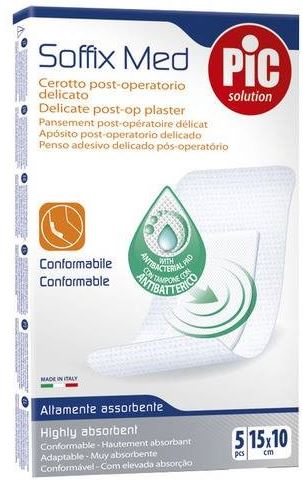 CEROTTO PIC SOFFIX MED IN TNT CON TAMPONE CENTRALE ASSORBENTE STERILE MONOUSO 10X15 CM ANTIBATTERICO 5 PEZZI - Angeli Pharm
