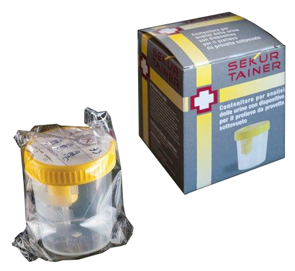 CONTENITORE PER URINA SEKUR TRAINER CON TAPPO A VITE E SONDA PER PRELIEVO DA PROVETTA SOTTOVUOTO 120ML - Angeli Pharm