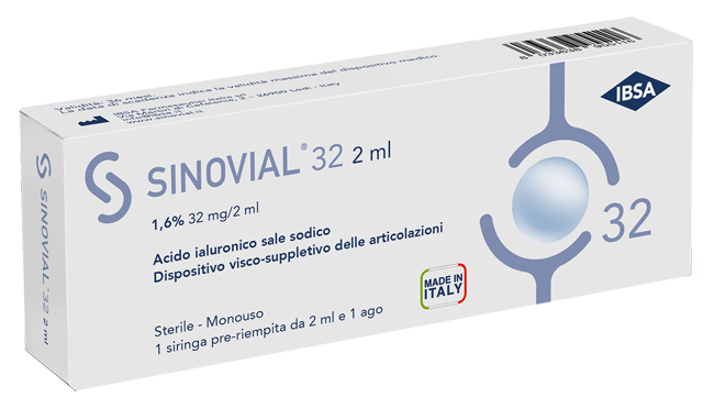SIRINGA INTRA-ARTICOLARE SINOVIAL 32 ACIDO IALURONICO SALE SODICO 1,6% 32MG/2ML 2ML + AGO 21 GAUGE - Angeli Pharm