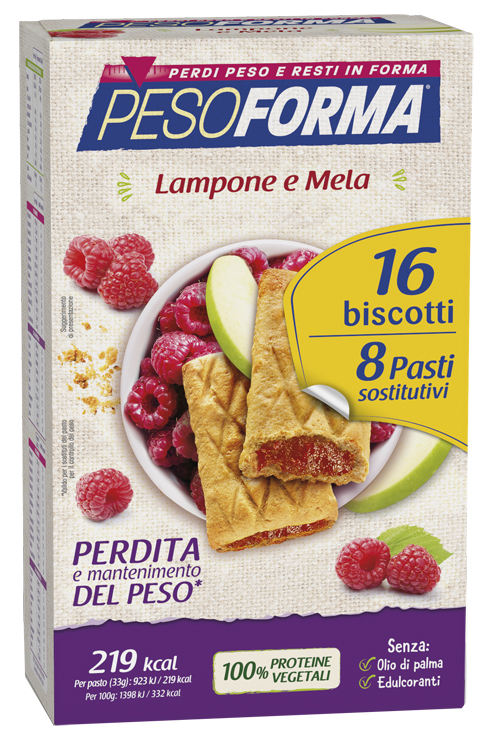 PESOFORMA BISCOTTI LAMPONE E MELA 16 BISCOTTI X 33G 8 PASTI SOSTITUTIVI - Angeli Pharm