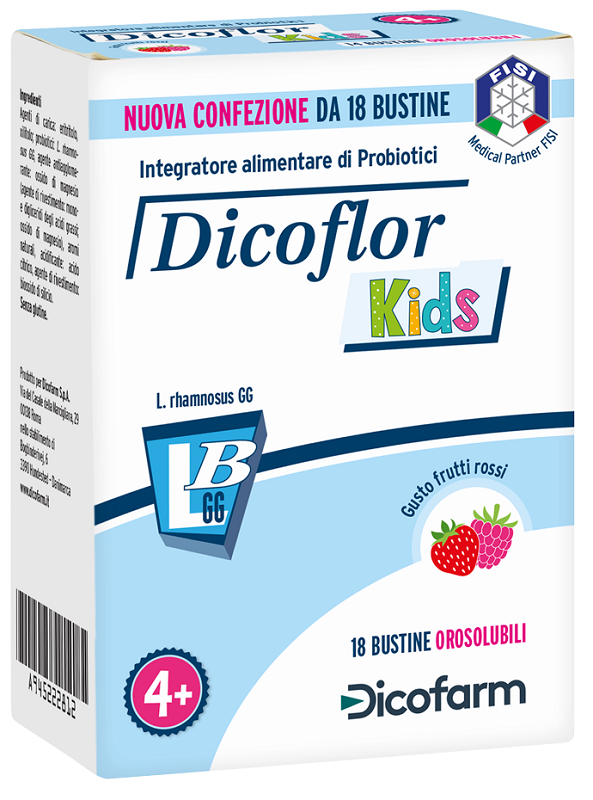DICOFLOR KIDS 18 BUSTINE OROSOLUBILI GUSTO FRUTTI ROSSI - Angeli Pharm