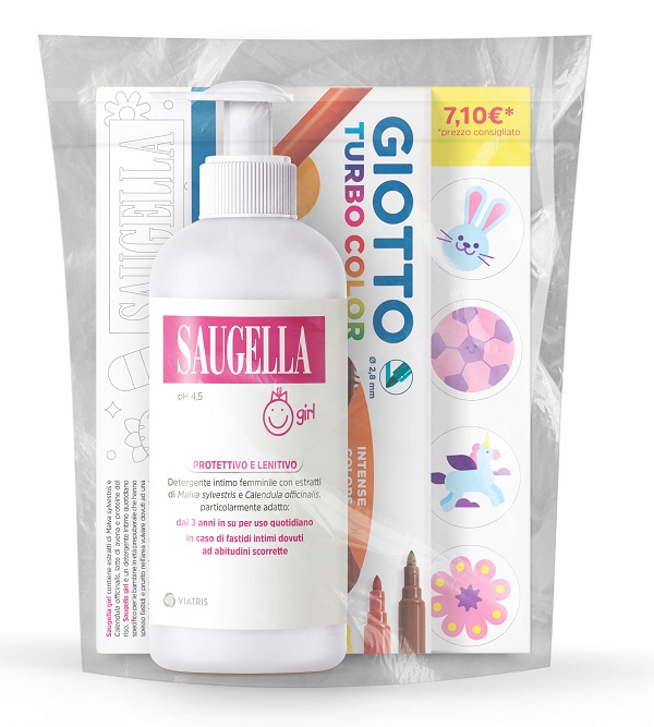 SAUGELLA BUNDLE GIRL DETERGENTE INTIMO PROTETTIVO E LENITIVO PH 4,5 200 ML + GIOTTO TURBO COLOR - Angeli Pharm