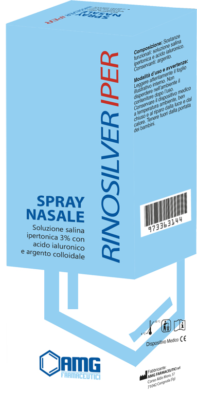 RINOSILVER SOLUZIONE SALINA IPERTONICA 3% CON ACIDO IALURONICO E ARGENTO COLLOIDALE SPRAY NASALE 20 ML - Angeli Pharm
