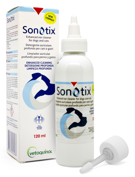 SONOTIX DETERGENTE AURICOLARE PROFONDO CANI E GATTI 120 ML + CANNULA CORTA RIGIDA + CANNULA LUNGA FLESSIBILE - Angeli Pharm