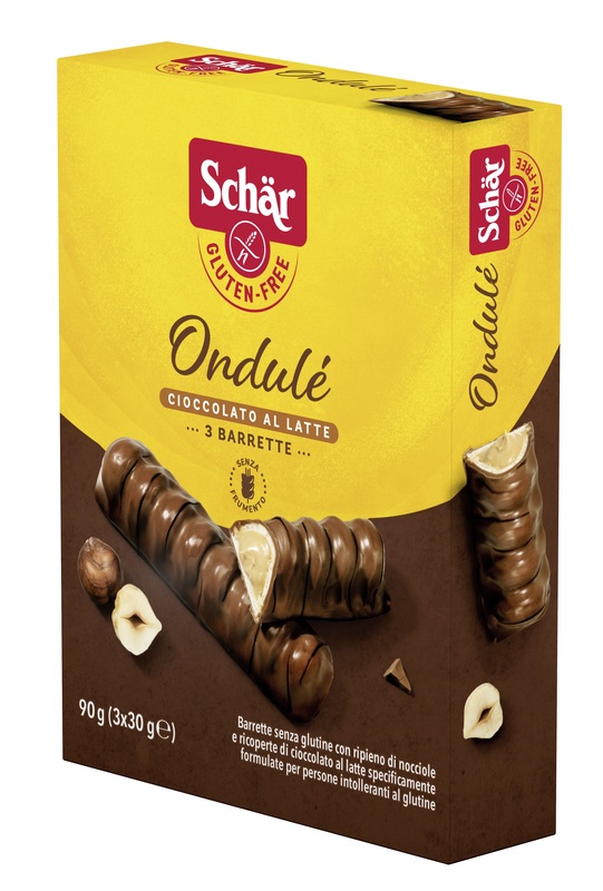 SCHAR ONDULE' BARRETTE CON RIPIENO DI NOCCIOLE RICOPERTE DI CIOCCOLATO AL LATTE 3 PORZIONI DA 30 G - Angeli Pharm