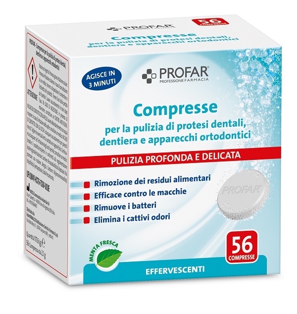 PROFAR COMPRESSE PULIZIA PROTESI DENTALI-DENTIERA-APPARECCHI ORTODONTICI 56 PEZZI - Angeli Pharm