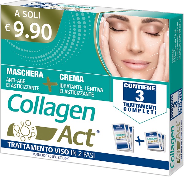 COLLAGEN ACT TRATTAMENTO VISO 2 FASI MASCHERA ANTI AGE ELASTICIZZANTE 3 PEZZI DA 15 ML + CREMA IDRATANTE LENITIVA ELASTICIZZANTE 3 PEZZI DA 5 ML - Angeli Pharm
