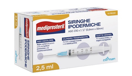 SIRINGA IPODERMICA MEDIPRESTERIL AGO 23 GAUGE 1 1/4 0,6X30MM 2,5 ML 10 PEZZI - Angeli Pharm