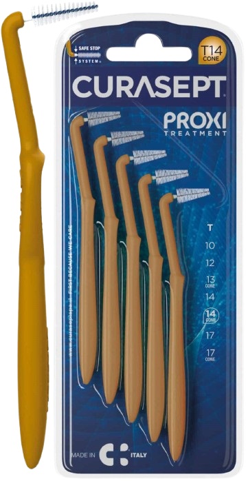 SCOVOLINO CURASEPT PROXI ANGLE MISURA T14 CONICO ISO 4 COLORE OCRA DIAMETRO 1,4 MM 5 PEZZI - Angeli Pharm