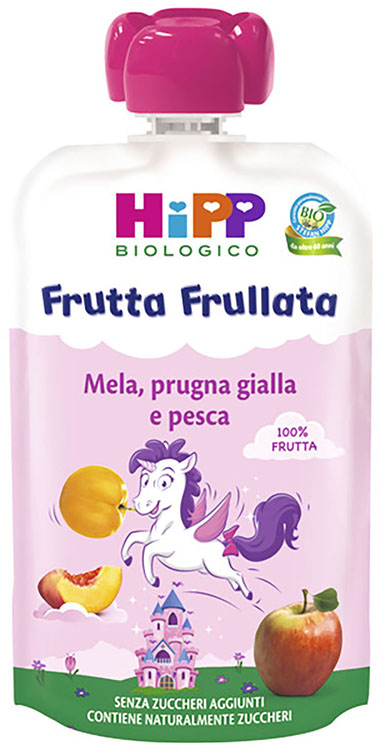 HIPP BIO FRUTTA FRULLATA UNICORNO MELA PRUGNA GIALLA PESCA 90 G - Angeli Pharm