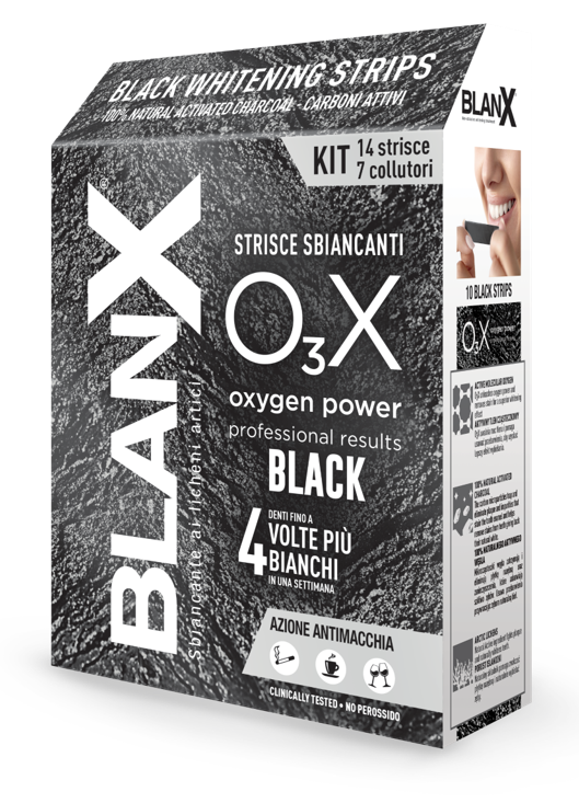 BLANX O3X BLACK STRISCE SBIANCANTI E ANTIMACCHIA 14 PEZZI - Angeli Pharm