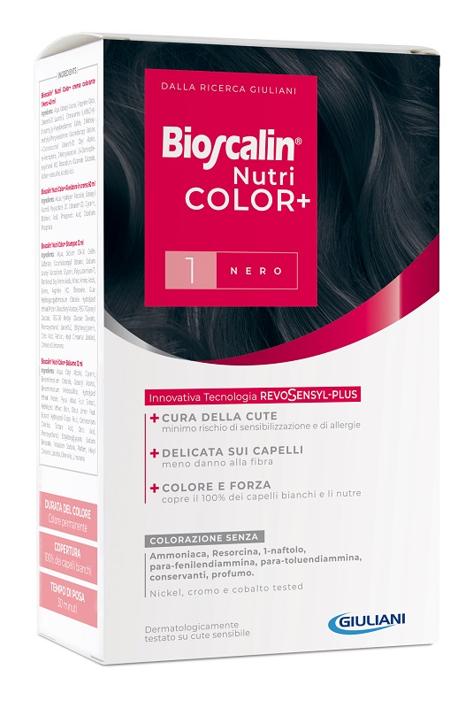 BIOSCALIN NUTRICOLOR PLUS 1 NERO CREMA COLORANTE 40 ML + RIVELATORE CREMA 60 ML + SHAMPOO 12 ML + TRATTAMENTO FINALE BALSAMO 12 ML - Angeli Pharm