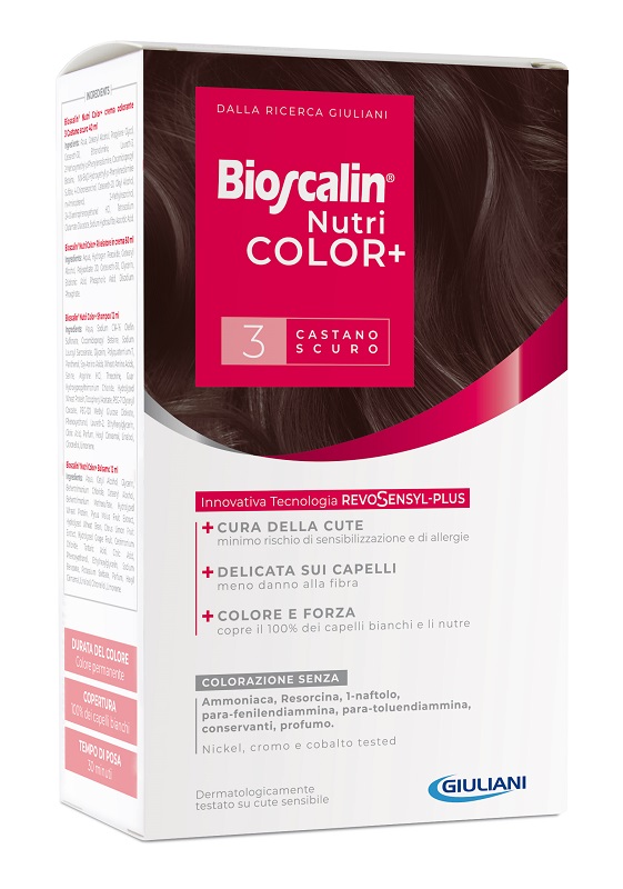 BIOSCALIN NUTRICOLOR PLUS 3 CASTANO SCURO CREMA COLORANTE 40 ML + RIVELATORE CREMA 60 ML + SHAMPOO 12 ML + TRATTAMENTO FINALE BALSAMO 12 ML - Angeli Pharm
