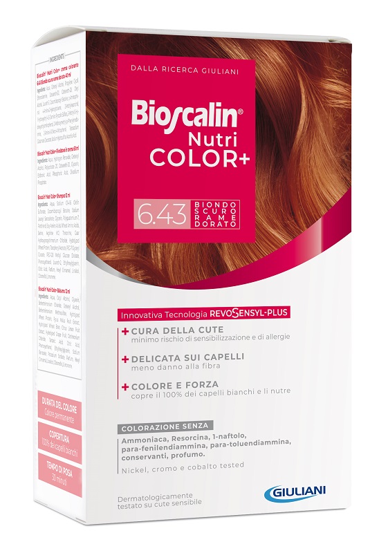 BIOSCALIN NUTRICOLOR PLUS 6,43 BIONDO SCURO RAME DORATO CREMA COLORANTE 40 ML + RIVELATORE CREMA 60 ML + SHAMPOO 12 ML + TRATTAMENTO FINALE BALSAMO 12 ML - Angeli Pharm