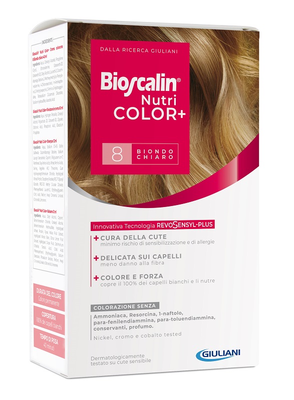 BIOSCALIN NUTRICOLOR PLUS 8 BIONDO CHIARO CREMA COLORANTE 40 ML + RIVELATORE CREMA 60 ML + SHAMPOO 12 ML + TRATTAMENTO FINALE BALSAMO 12 ML - Angeli Pharm
