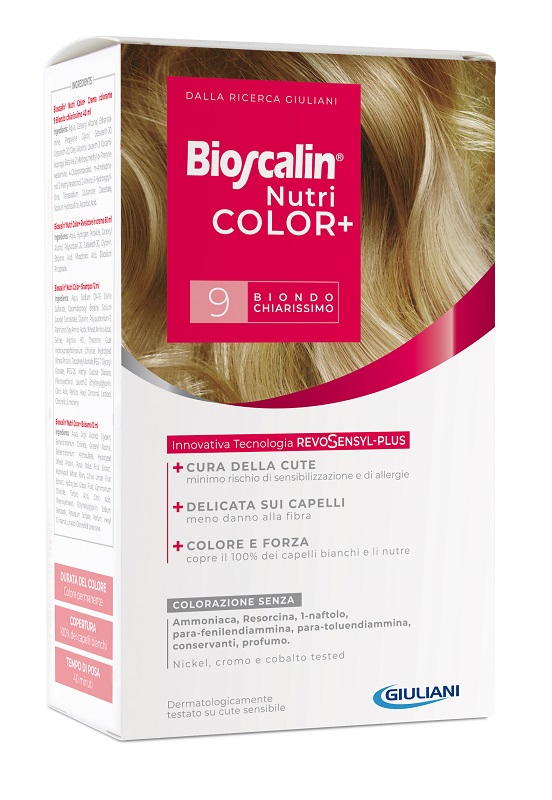 BIOSCALIN NUTRICOLOR PLUS 9 BIONDO CHIARISSIMO CREMA COLORANTE 40 ML + RIVELATORE CREMA 60 ML + SHAMPOO 12 ML + TRATTAMENTO FINALE BALSAMO 12 ML - Angeli Pharm
