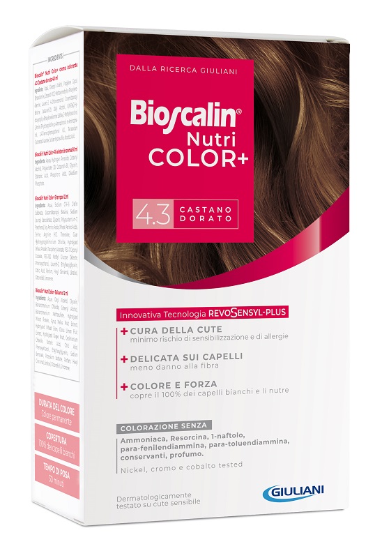 BIOSCALIN NUTRICOLOR PLUS 4,3 CASTANO DORATO CREMA COLORANTE 40 ML + RIVELATORE CREMA 60 ML + SHAMPOO 12 ML + TRATTAMENTO FINALE BALSAMO 12 ML - Angeli Pharm