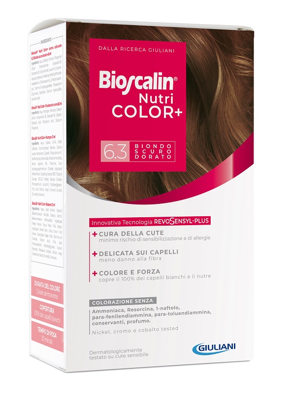 BIOSCALIN NUTRICOLOR PLUS 6,3 BIONDO SCURO DORATO CREMA COLORANTE 40 ML + RIVELATORE CREMA 60 ML + SHAMPOO 12 ML + TRATTAMENTO FINALE BALSAMO 12 ML - Angeli Pharm