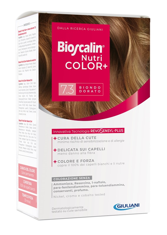 BIOSCALIN NUTRICOLOR PLUS 7,3 BIONDO DORATO CREMA COLORANTE 40 ML + RIVELATORE CREMA 60 ML + SHAMPOO 12 ML + TRATTAMENTO FINALE BALSAMO 12 ML - Angeli Pharm