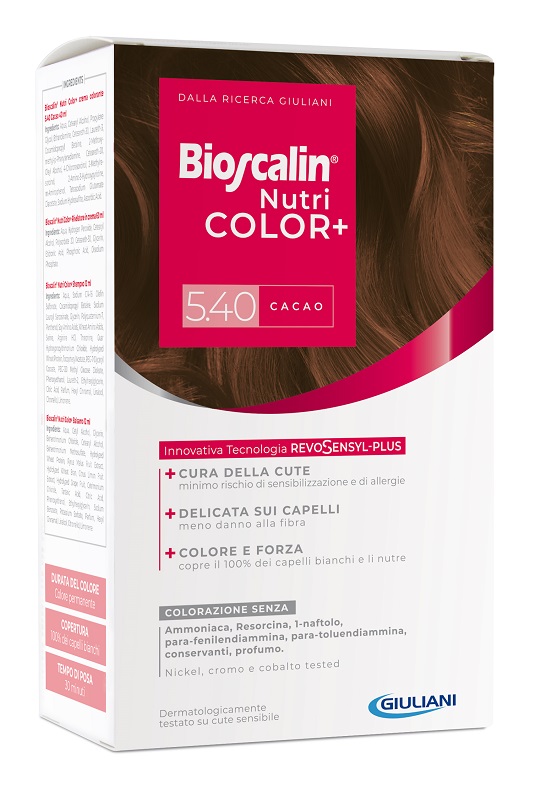 BIOSCALIN NUTRICOLOR PLUS 5,40 CACAO CREMA COLORANTE 40 ML + RIVELATORE CREMA 60 ML + SHAMPOO 12 ML + TRATTAMENTO FINALE BALSAMO 12 ML - Angeli Pharm
