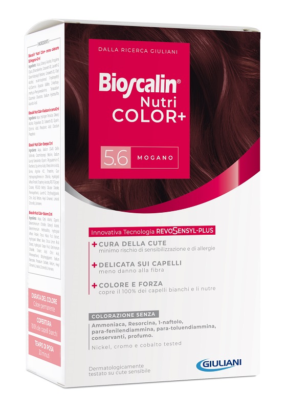 BIOSCALIN NUTRICOLOR PLUS 5,6 MOGANO CREMA COLORANTE 40 ML + RIVELATORE CREMA 60 ML + SHAMPOO 12 ML + TRATTAMENTO FINALE BALSAMO 12 ML - Angeli Pharm