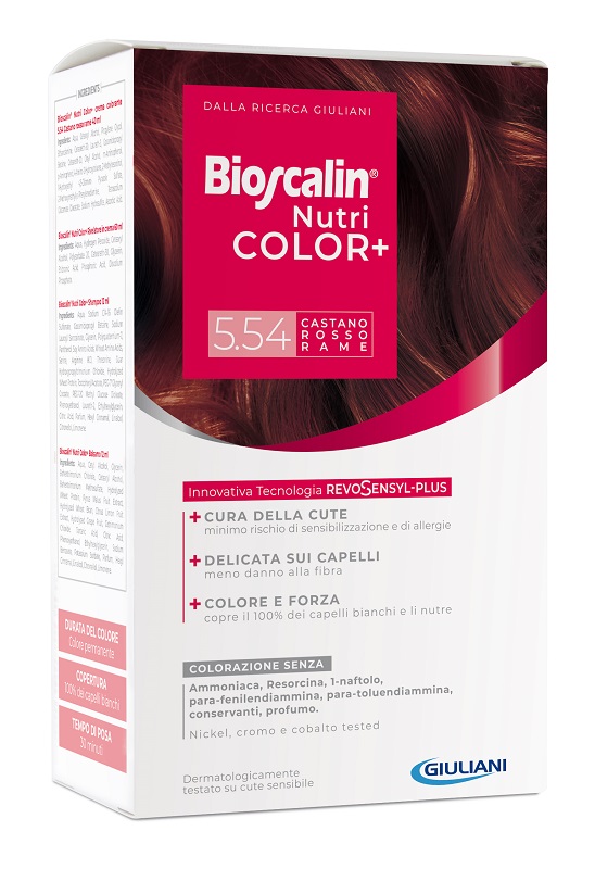 BIOSCALIN NUTRICOLOR PLUS 5,54 CASTANO ROSSO RAME CREMA COLORANTE 40 ML + RIVELATORE CREMA 60 ML + SHAMPOO 12 ML + TRATTAMENTO FINALE BALSAMO 12 ML - Angeli Pharm