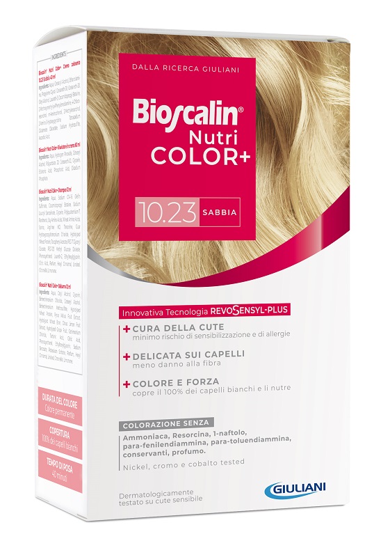 BIOSCALIN NUTRICOLOR PLUS 10,23 SABBIA CREMA COLORANTE 40 ML + RIVELATORE CREMA 60 ML + SHAMPOO 12 ML + TRATTAMENTO FINALE BALSAMO 12 ML - Angeli Pharm