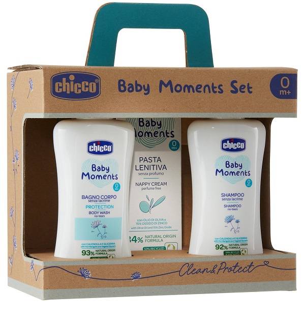 CHICCO BABY MOMENTS SET BAGNOCHIUMA PELLI DELICATE 200 ML + SHAMPOO PELLI DELICATE 200 ML + PASTA CAMBIO PELLI DELICATE 100 ML - Angeli Pharm