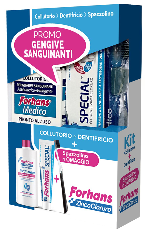 FORHANS KIT GENGIVE SANGUINANTI 1 FORHANS COLLUTORIO MEDICO 250 ML + 1 FORHANS DENTIFRICIO SPECIAL 75 ML + 1 FORHANS SPAZZOLINO MEDICO IN OMAGGIO - Angeli Pharm