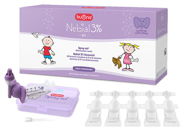 NEBIAL 3% KIT 20 FLACONCINI MONODOSE 5ML SOLUZIONE IPERTONICA CON ACIDO IALURONICO + NEBULIZZATORE SPRAY-SOL - Angeli Pharm