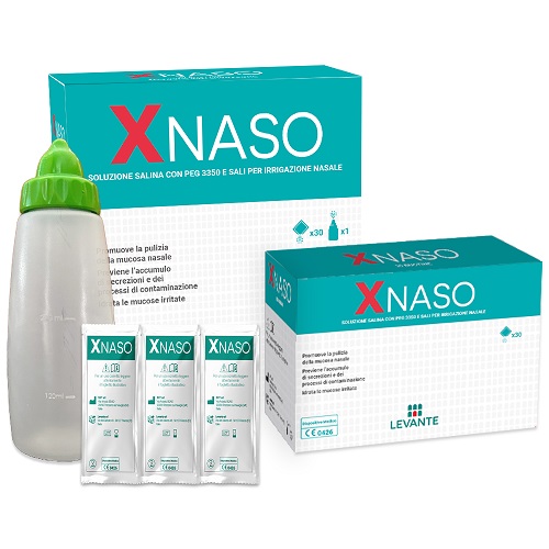 SOLUZIONE SALINA CON PEG 3350 E SALI PER IRRIGAZIONE NASALE XNASO 30 BUSTINE + 1 EROGATORE - Angeli Pharm