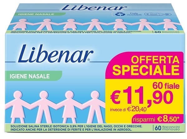 SOLUZIONE SALINA ISOTONICA 0,9% LIBENAR PER IGIENE NASALE 60 FLACONCINI MONOUSO X 5 ML - Angeli Pharm